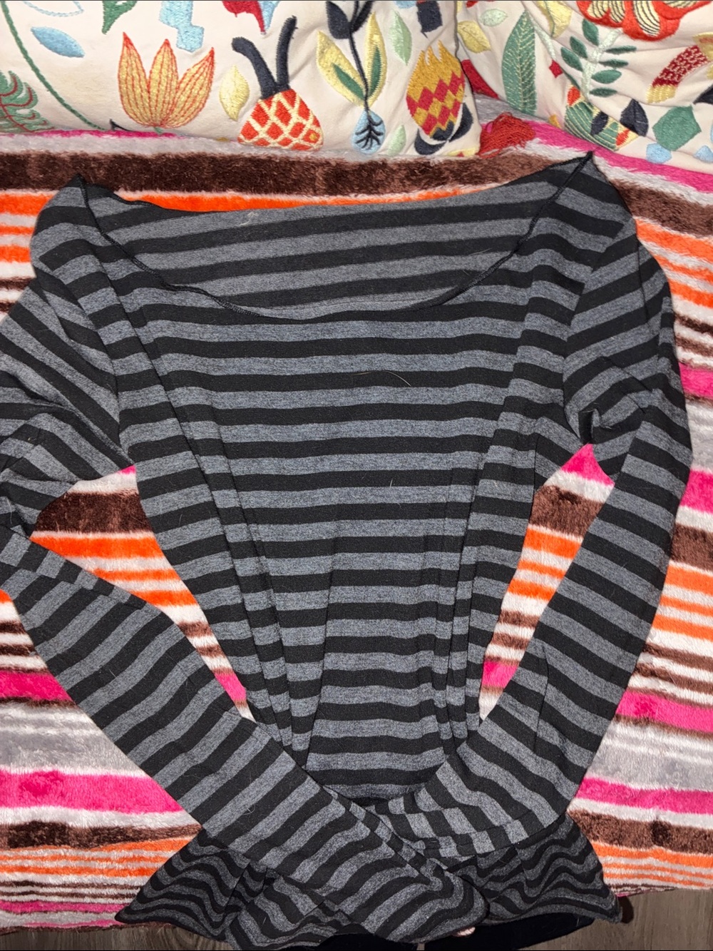 Off the Shoulder Striped Gray & Black Long-Sleeve